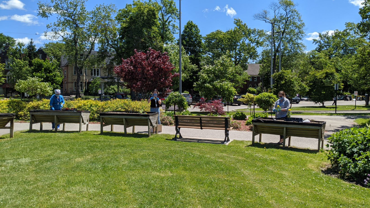 A row of planters with people working at them and trees and flowers in the background. 